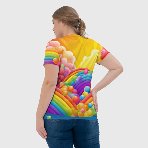 Женская футболка 3D с принтом Радуга и цветные шарики, вид сзади #2
