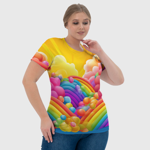 Женская футболка 3D с принтом Радуга и цветные шарики, фото #4