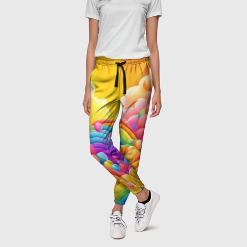 Женские брюки 3D с принтом Радуга и цветные шарики, фото на моделе #1