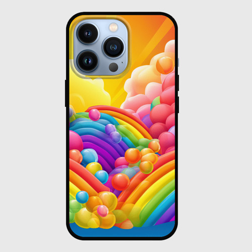Чехол для iPhone 13 Pro с принтом Радуга и цветные шарики, вид спереди #2