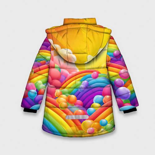 Зимняя куртка для девочек 3D с принтом Радуга и цветные шарики, вид сзади #1