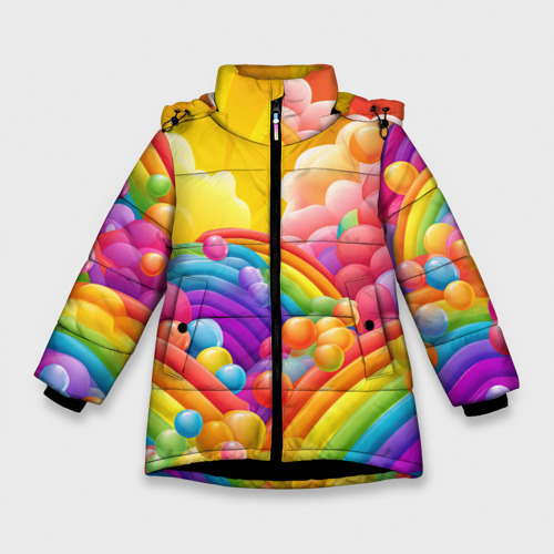 Зимняя куртка для девочек 3D с принтом Радуга и цветные шарики, вид спереди #2