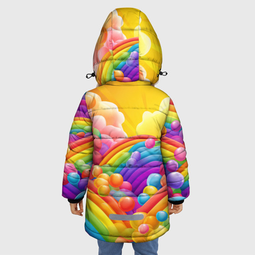 Зимняя куртка для девочек 3D с принтом Радуга и цветные шарики, вид сзади #2