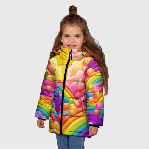 Зимняя куртка для девочек 3D с принтом Радуга и цветные шарики, фото на моделе #1