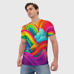 Мужская футболка 3D Яркие сочные волны из радуги - фото 2