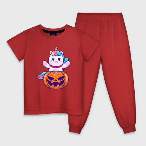 Детская пижама хлопок с принтом Единорог и хэллоуин, вид спереди #2