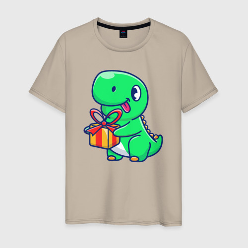 Мужская футболка хлопок Динозавр с подарком, цвет миндальный