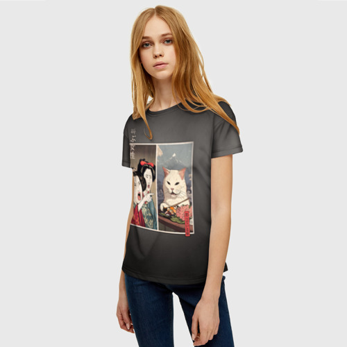 Женская футболка 3D с принтом Кот - мем в японской стилистике, фото на моделе #1