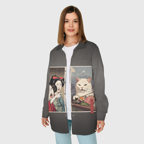 Женская рубашка oversize 3D с принтом Кот - мем в японской стилистике, фото на моделе #1