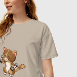 Женская футболка хлопок Oversize Кот с гантельками - фото 2