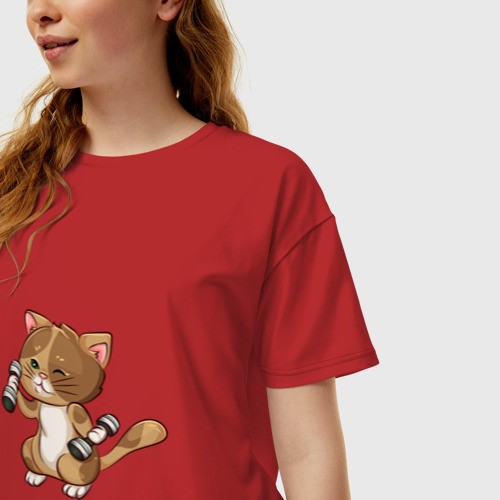 Женская футболка хлопок Oversize Кот с гантельками, цвет красный - фото 3