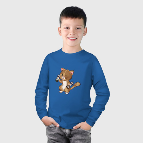 Детский лонгслив хлопок Кот с гантельками, цвет синий - фото 3