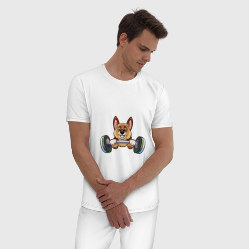 Мужская пижама хлопок Собачка с гантелями, цвет белый - фото 3