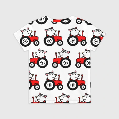 Детская футболка 3D с принтом Поросенок Пётр на красном тракторе - паттерн, вид сзади #1