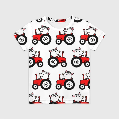 Детская футболка 3D с принтом Поросенок Пётр на красном тракторе - паттерн, вид спереди #2