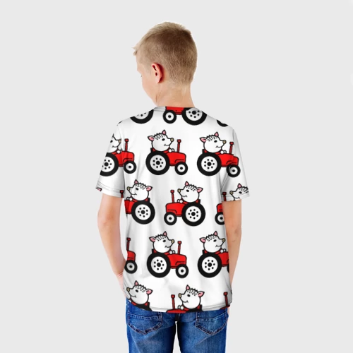 Детская футболка 3D с принтом Поросенок Пётр на красном тракторе - паттерн, вид сзади #2