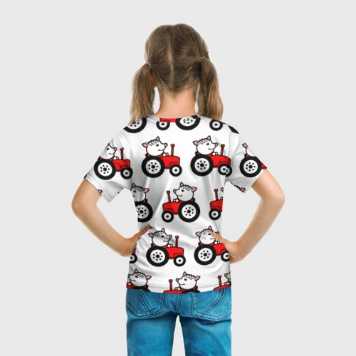 Детская футболка 3D с принтом Поросенок Пётр на красном тракторе - паттерн, вид сзади #2