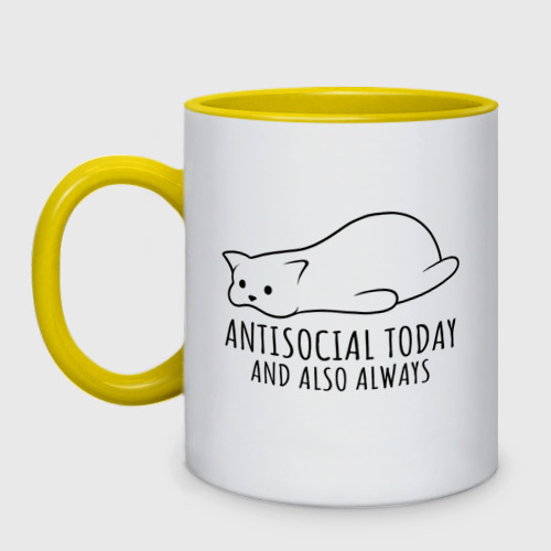 Кружка двухцветная Antisocial today and also always, цвет белый + желтый