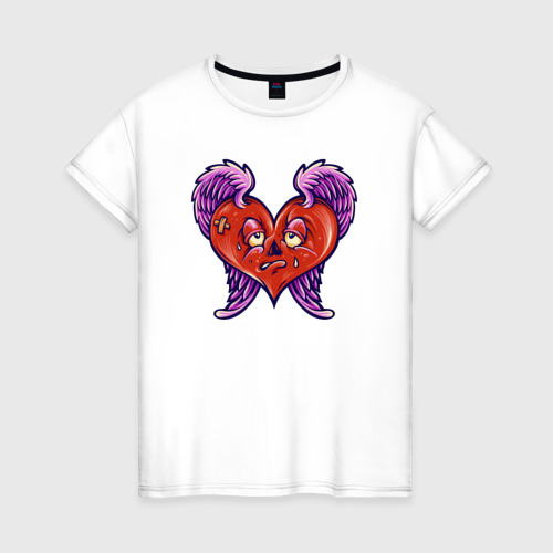 Женская футболка из хлопка с принтом Грустное ангельское сердце, вид спереди №1
