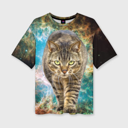 Женская футболка oversize 3D Космический полосатый кот