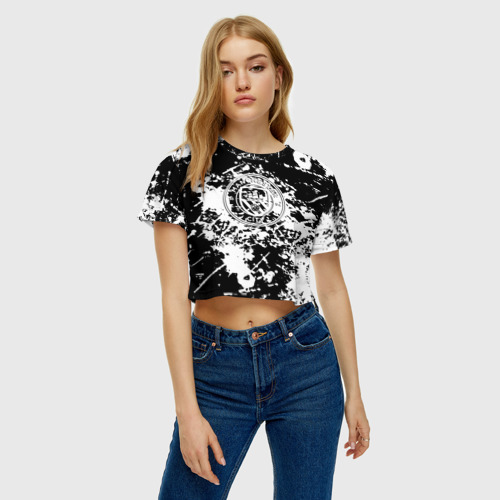 Женская футболка Crop-top 3D Manchester City краски чёрно белые, цвет 3D печать - фото 3