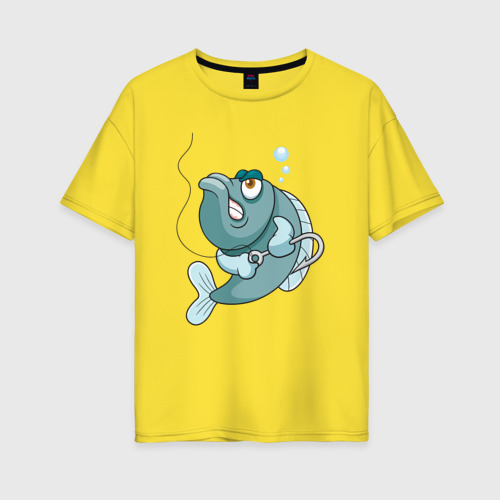 Женская футболка хлопок Oversize Рыбка с крючком, цвет желтый