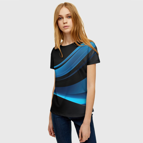 Женская футболка 3D с принтом Черная и синяя геометрическая абстракция, фото на моделе #1