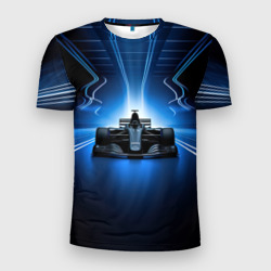 Мужская футболка 3D Slim Формула 1 на абстрактном синем и черном фоне