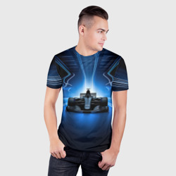 Мужская футболка 3D Slim Формула 1 на абстрактном синем и черном фоне - фото 2