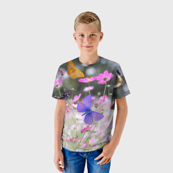 Детская футболка 3D Разноцветные бабочки на фоне цветов - фото 2