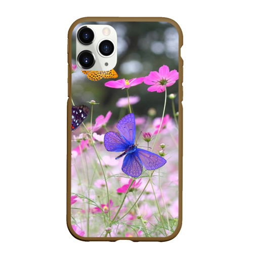 Чехол для iPhone 11 Pro Max матовый с принтом Разноцветные бабочки на фоне цветов, вид спереди #2