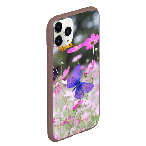Чехол для iPhone 11 Pro Max матовый с принтом Разноцветные бабочки на фоне цветов, вид сбоку #3