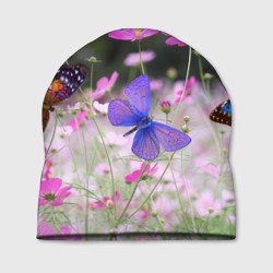 Шапка 3D Разноцветные бабочки на фоне цветов