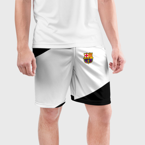 Мужские шорты спортивные с принтом Barcelona краски чёрные спорт, фото на моделе #1