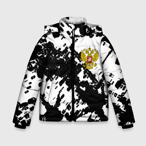 Зимняя куртка для мальчиков 3D с принтом Герб РФ краски чёрнобелый, вид спереди #2