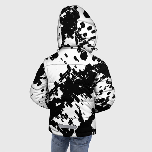 Зимняя куртка для мальчиков 3D с принтом Герб РФ краски чёрнобелый, вид сзади #2