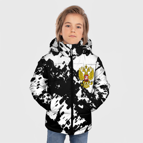 Зимняя куртка для мальчиков 3D с принтом Герб РФ краски чёрнобелый, фото на моделе #1