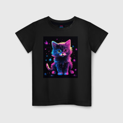 Детская футболка хлопок Неоновый котенок на черном фоне 