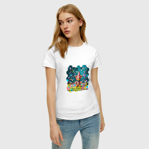 Женская футболка хлопок Мишка в праздничном колпаке и конфетти: жизнь слишком коротка, цвет белый - фото 3