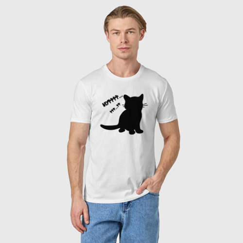 Мужская футболка хлопок Силуэт котёнка мур, цвет белый - фото 3