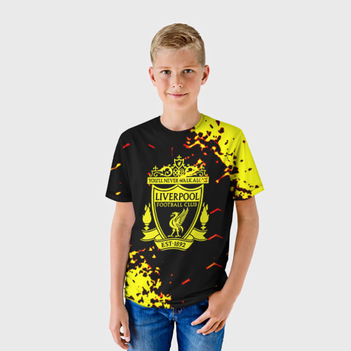 Детская футболка 3D с принтом Liverpool жёлтые краски текстура, фото на моделе #1