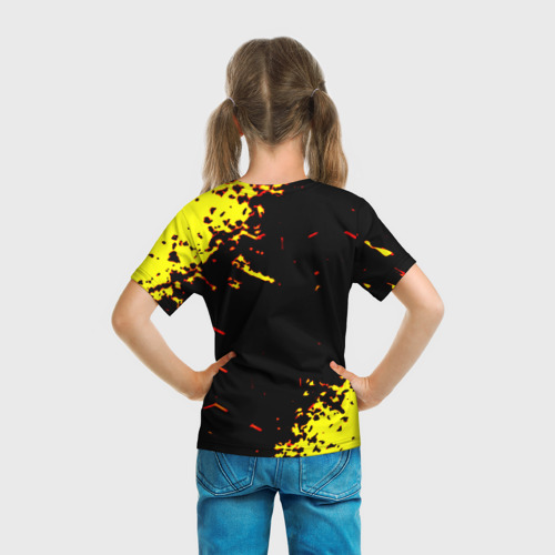 Детская футболка 3D с принтом Liverpool жёлтые краски текстура, вид сзади #2