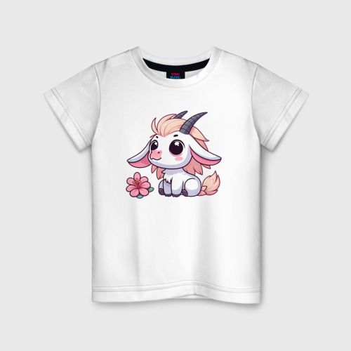 Детская футболка из хлопка с принтом Козерог с цветком, вид спереди №1