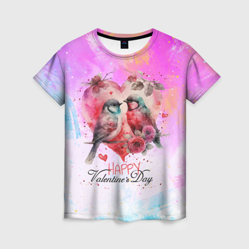 Женская футболка 3D с принтом Птички валентинки, вид спереди #2
