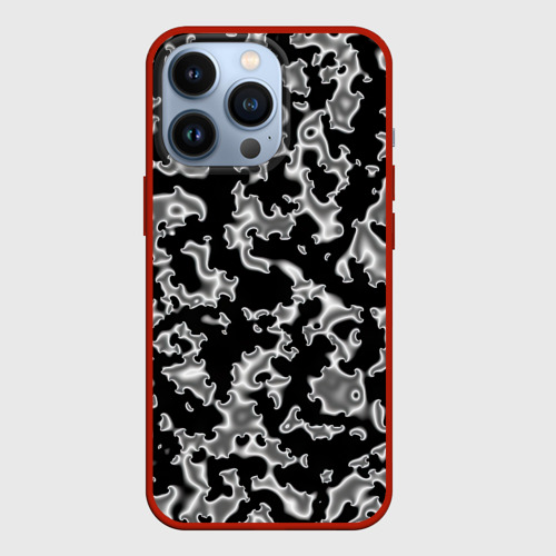 Чехол для iPhone 13 Pro с принтом Капли жидкого металла - камуфляж на чёрном, вид спереди #2