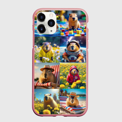 Чехол для iPhone 11 Pro Max матовый Коллаж капибар на отдыхе летом