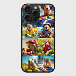 Чехол силиконовый для Apple iPhone 15 Pro Мax матовый Коллаж капибар на отдыхе летом