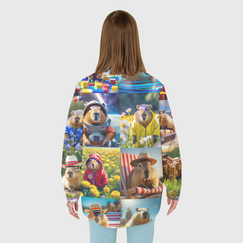 Женская рубашка oversize 3D с принтом Коллаж капибар на отдыхе летом, вид сзади #2