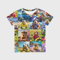 Детская футболка 3D Коллаж капибар на отдыхе летом