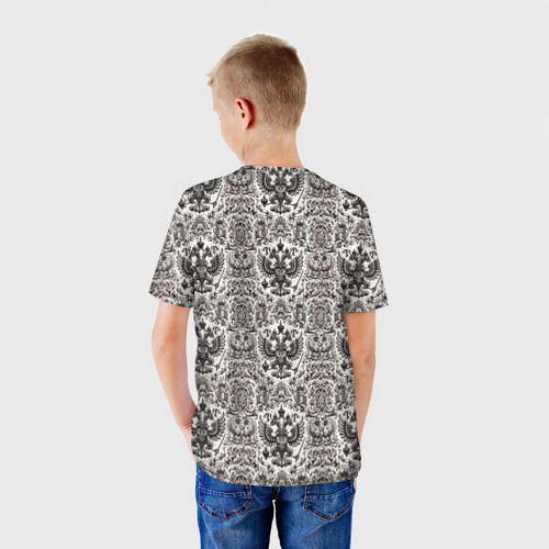 Детская футболка 3D с принтом Паттерн герба России на белом фоне, вид сзади #2